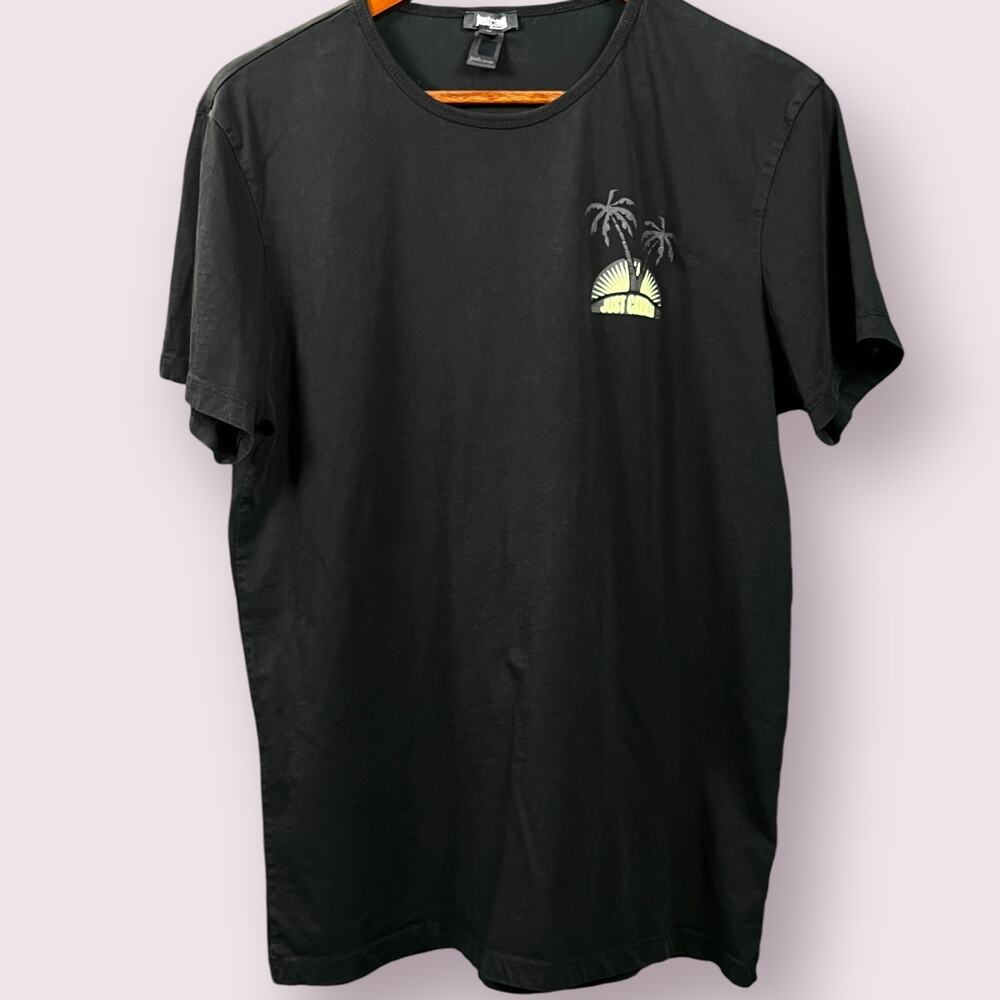 Men's Just Cavalli Beachwear Logo T-Shirt Palm Trees Black Size XL